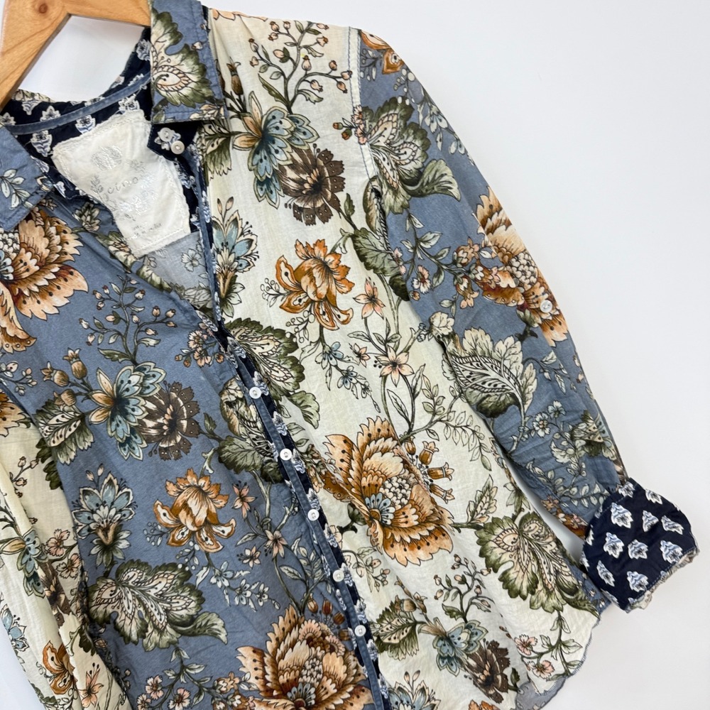 Cino Button Down Shirt Womens Large Blue Floral Patchwork Crinkle Velvet Trim - Picture 3 of 9